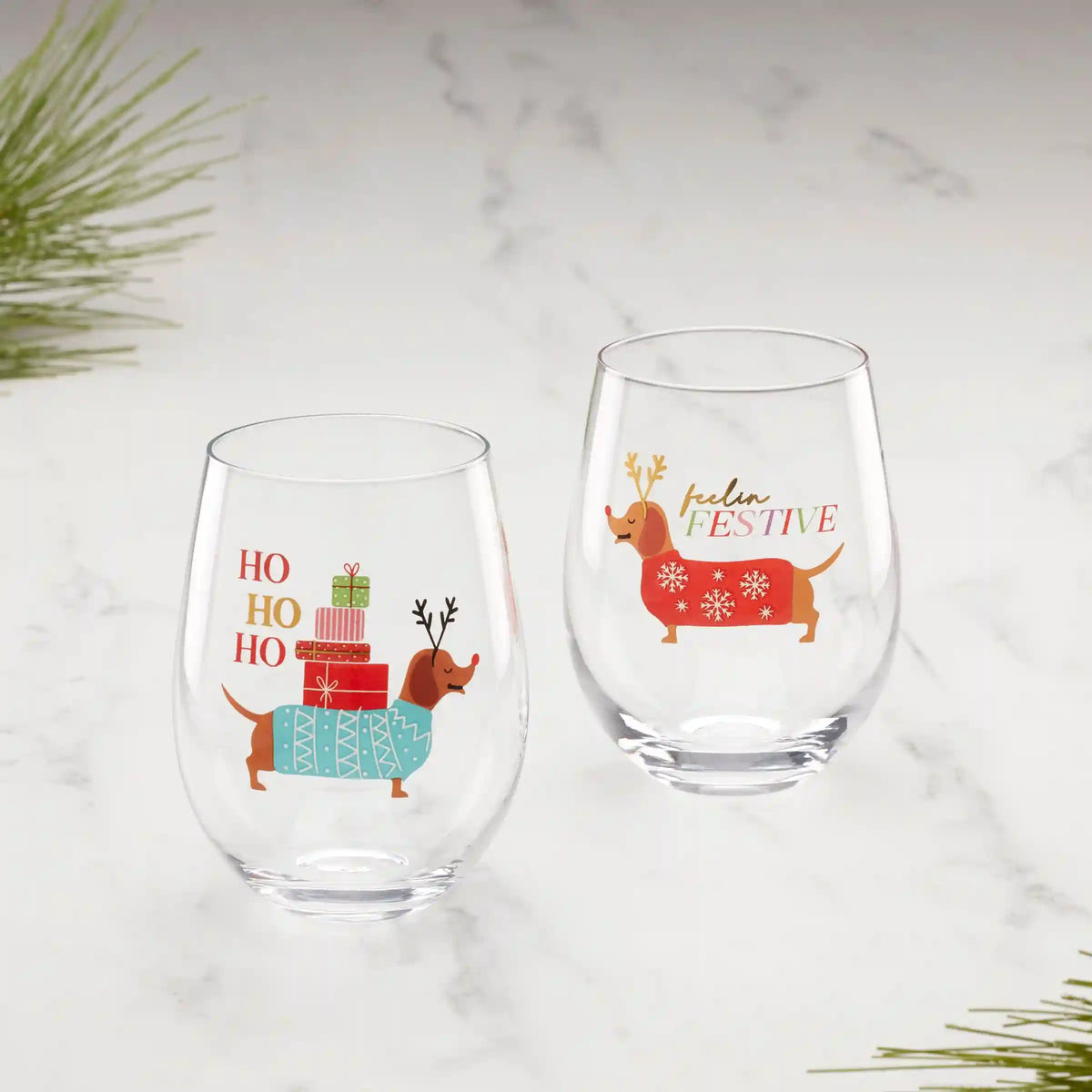 Feeling Festive Dog Stemless Wine Glasses, Set of 2