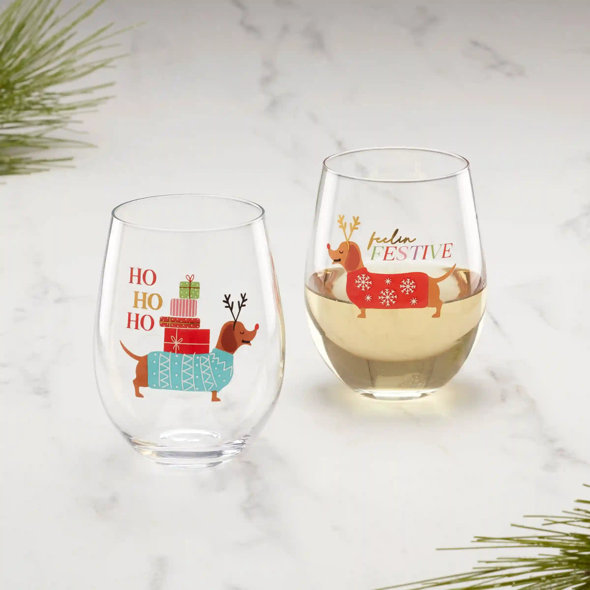 Feeling Festive Dog Stemless Wine Glasses, Set of 2
