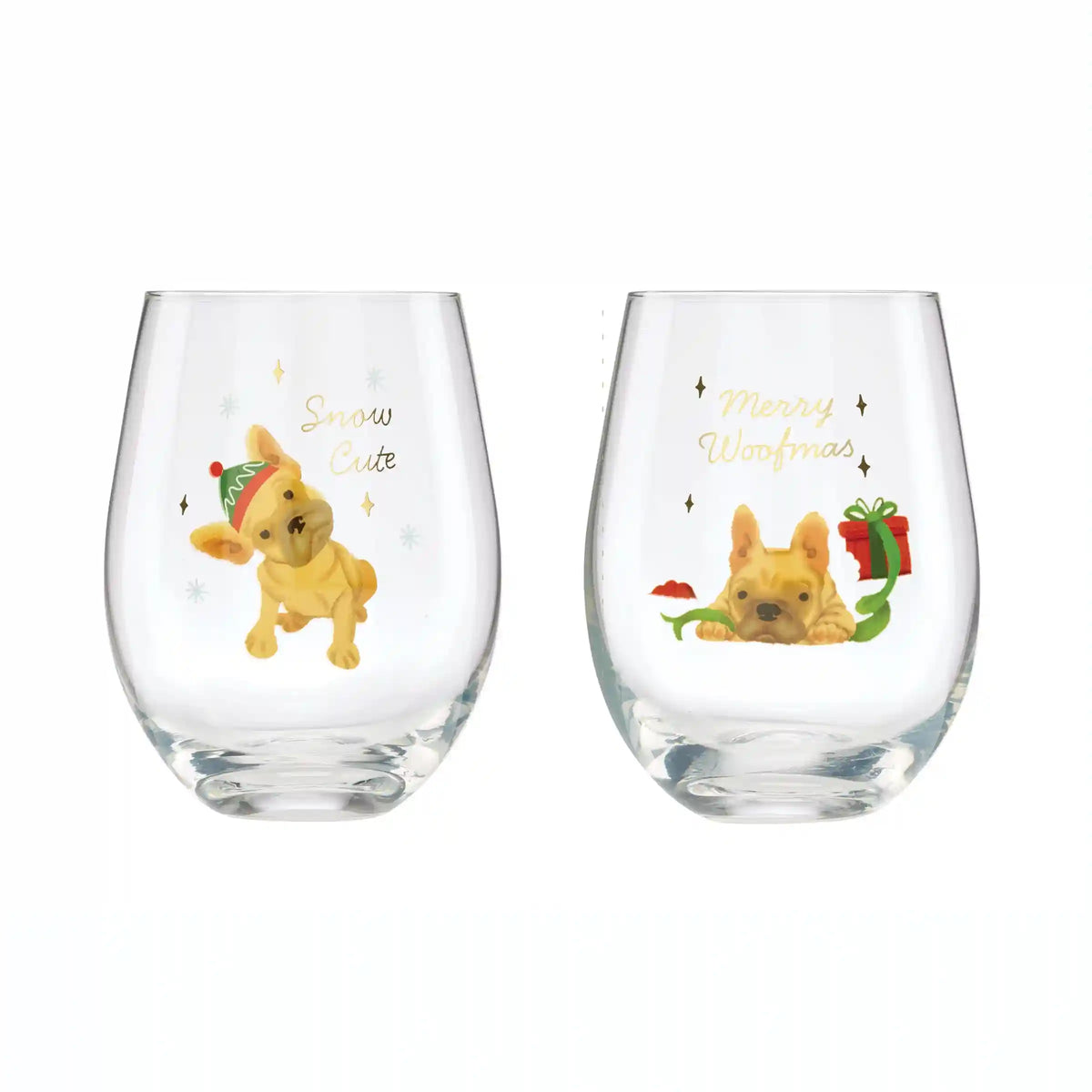 Holiday Frenchie Stemless Wine Glasses, Set of 2