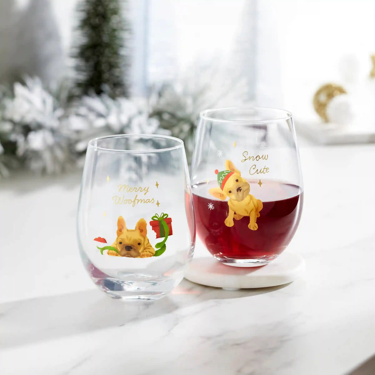 Holiday Frenchie Stemless Wine Glasses, Set of 2